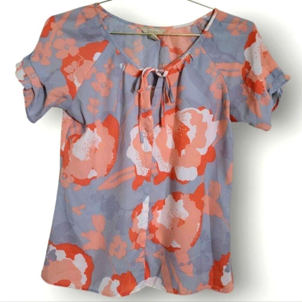 Banana Republic Factory Blouse Size Small Pink Gray Floral Satin Tie Front